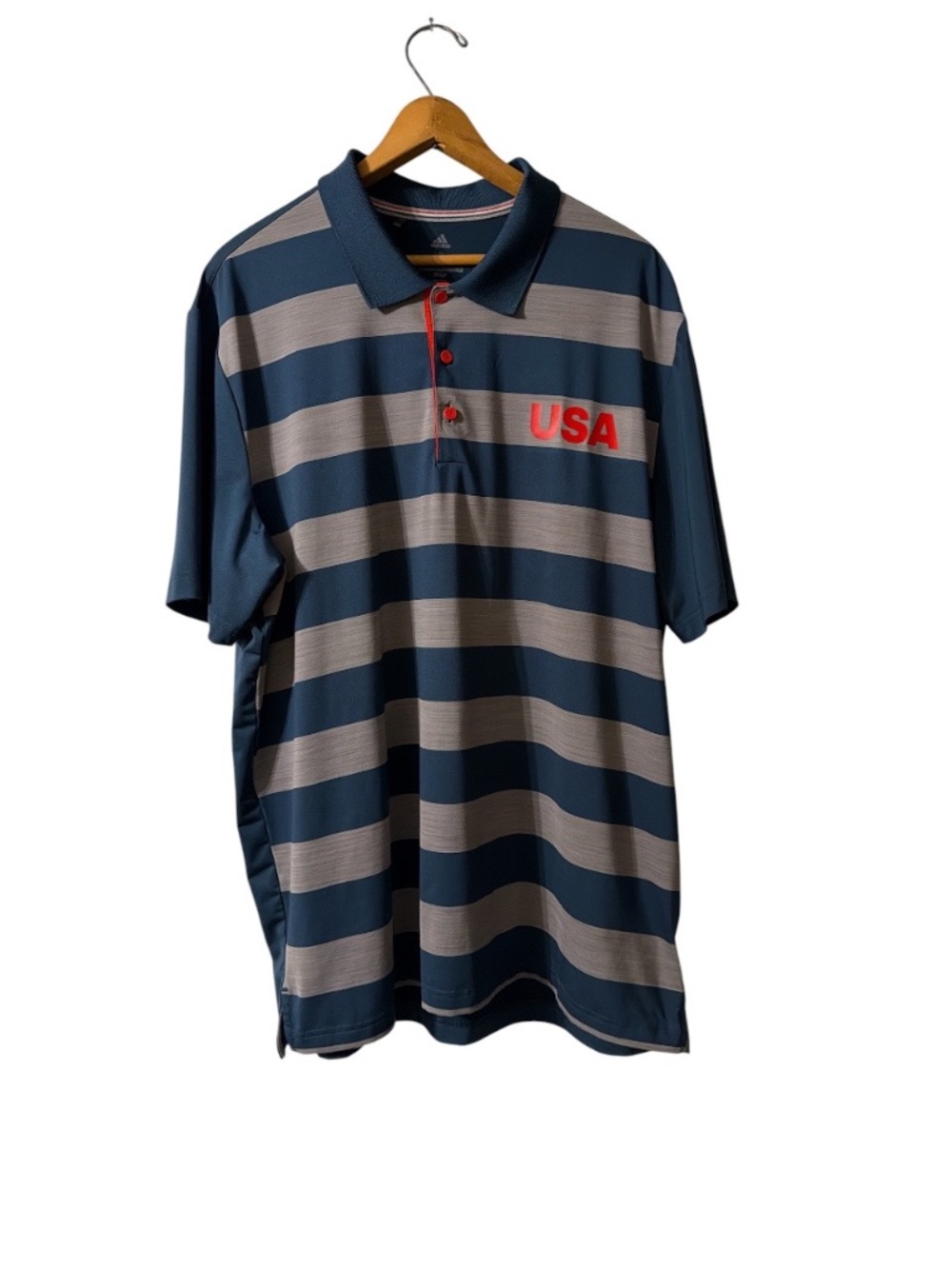 Adidas Golf Polo Shirt Blue Striped USA Logo Performance XL
